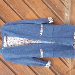 Like New Chico’s Classic, Versatile Long Denim Blue Knit Cardigan